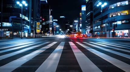 Vibrant Night Cityscape with Illuminated Crosswalk and Modern Buildings in Urban Downtown Area