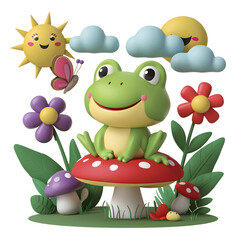 Obraz premium a cute cartoon frog setting on a mushroom 3d render illustration. Kawaki style illustration of a frog cartoon character. 3d sun, flower, cloud, butterfly