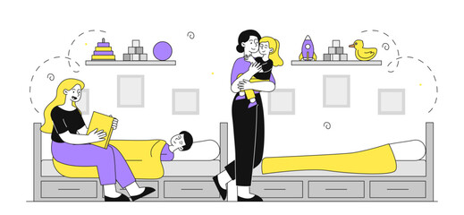 People in kindergarten. Women put boy and girl to bed. Teachers with children in room. Relax and recuperation, correct daily routine. Linear vector illustration