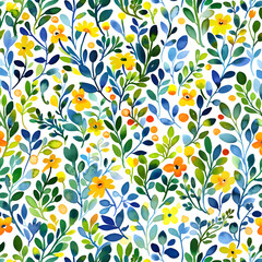 watercolor hand drawn flower leaves seamless pattern,generative ai