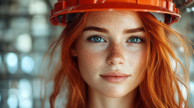 construction worker woman wearing safety gear, with transparent buildings in the background. The image symbolizes the strength, diversity, and contributions of women in the workforce, especially in co