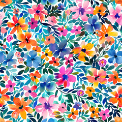 watercolor hand drawn flower leaves seamless pattern,generative ai