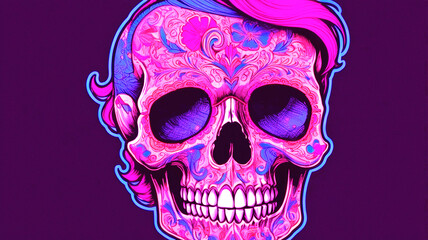 A strikingly detailed pop art sticker of a skull adorned with a handlebar mustache and a stylish posh undercut haircut against a solid black background. The image, reminiscent of a painting, features 