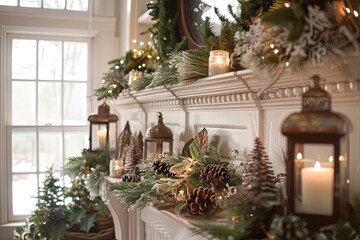 Interior Christmas. Soft holiday music a steaming cup of cocoa and twinkling fairy lights