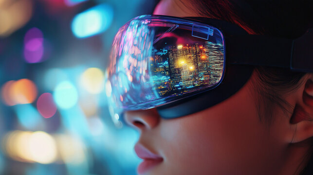 Fortschrittliche Technologie der VR Brille mit spiegelung im Glas bei einer Frau mit bunten Reflexionen virtuelle Realit&auml;t Generative AI