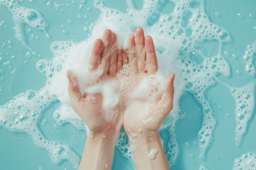 Fototapeta premium Close-up of hands covered in soapy foam on light blue background