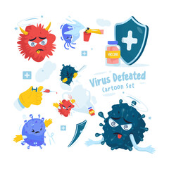 Virus defeated cartoon set vector illustration
