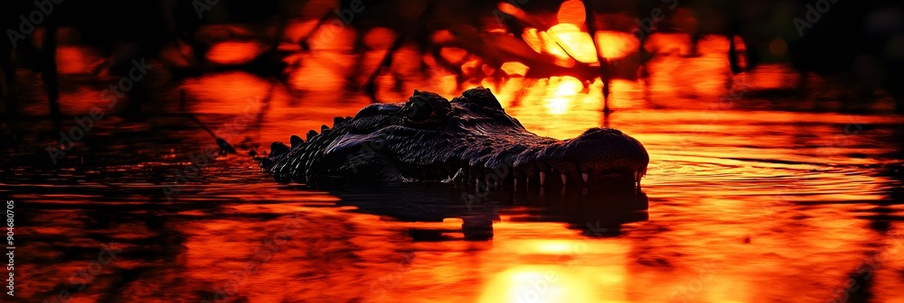 Poster a silhouette of a crocodile partially submerged in a swamp, with the setting sun casting a fiery ref