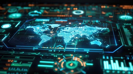 Fototapeta premium Holographic interface displaying a heatmap of cybersecurity threats across a global network.