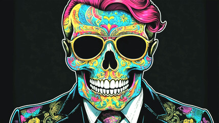 A strikingly detailed pop art sticker of a skull adorned with a handlebar mustache and a stylish posh undercut haircut against a solid black background. The image, reminiscent of a painting, features 