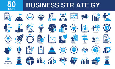 Business strategy icon collection set. Containing business, planning, strategy, strategic plan, brainstorming, analysis, statistics icon. Simple color fill vector.