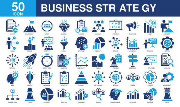 Business strategy icon collection set. Containing business, planning, strategy, strategic plan, brainstorming, analysis, statistics icon. Simple color fill vector.