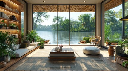 Fototapeta premium Modern Living Room with Water View