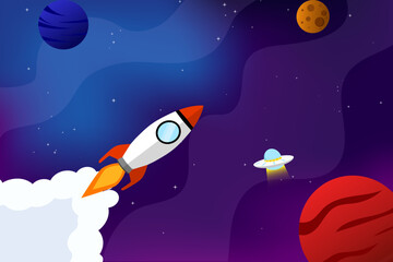 Space rocket and planet background. Gradient galaxy vector illustration poster design template