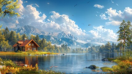 Fototapeta premium Cabin by the Lake in the Mountains