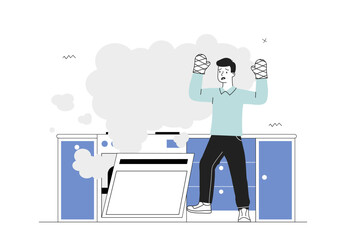 Man with smoking oven. Young guy in protective gloves near burning oven. Misfortune and accident in kitchen. Scared and shocked person. Linear vector illustration