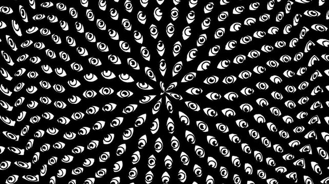 A striking black and white hypnotic eyes arranged in a radial and spiral design. The eyes create a mesmerizing and visually captivating effect. 4K and Seamless loop