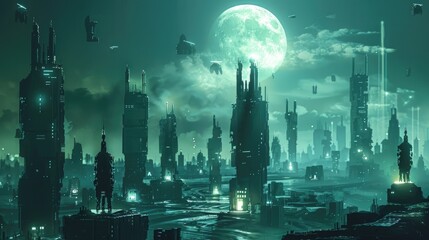 Network of AI cyber sentinels standing guard around a digital cityscape under moonlight.