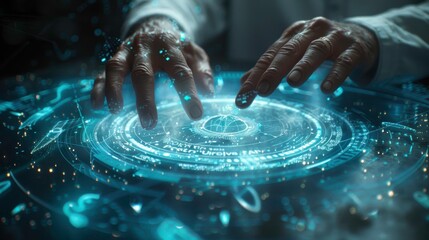 A futuristic scene with hands hovering over a glowing, interactive digital interface, showcasing advanced technology and creativity.