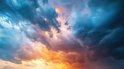 Obraz premium Thunderous clouds tower above as sunlight breaks through, casting vibrant colors at dusk