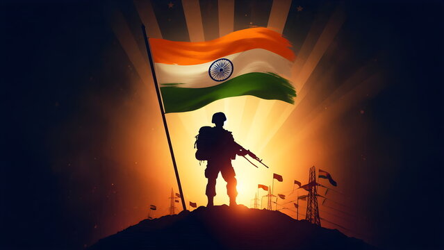 Kargil Vijay Diwas, Kargil victory day, indian army silhouette, holding flag