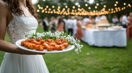 professional waiter carries plates with a meat dish, symbolizing service, hospitality, and celebration at a festive event. The scene captures the elegance and dedication in the culinary arts
