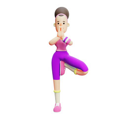 Yoga Cartoon Style. Cartoon Character Performing Tree Pose in Yoga. 3D Girl Illustration