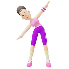 Fitness Cartoon Girl. Cartoon Character Performing Side Stretch. 3D Yoga Style