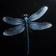 dragonfly silhouette in the dark, white is glowing from the dark, neon colors added, white sparks