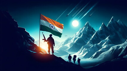 Kargil Vijay Diwas, Kargil victory day, indian army silhouette, holding flag, icy mountain