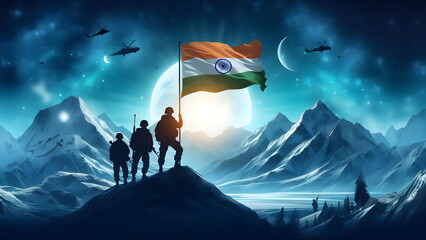 Kargil Vijay Diwas, Kargil victory day, indian army silhouette, holding flag, icy mountain