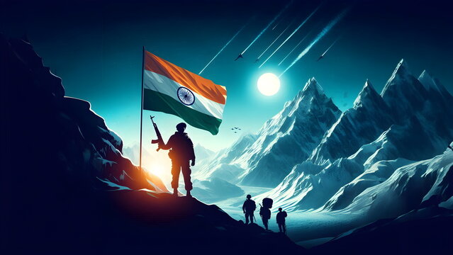 Kargil Vijay Diwas, Kargil victory day, indian army silhouette, holding flag, icy mountain
