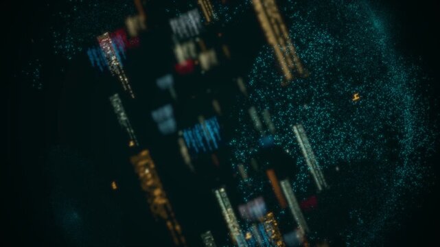 Abstract Global Data Network Visualization with Floating Text and Code Elements on Dark Background - Futuristic Cyber Security and Information Technology Concept. Roll motion and zoom out