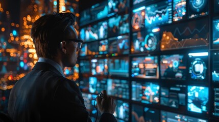 Fototapeta premium A professional analyzing data on multiple screens in a modern environment with city lights in the background.