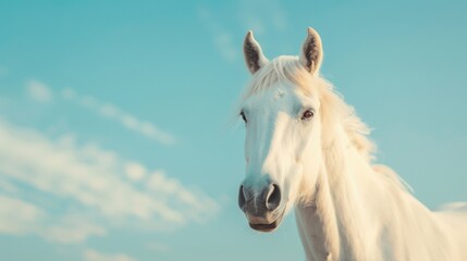 Fototapeta premium A graceful white horse looks towards the viewer, showcasing its elegant features against a clear blue sky