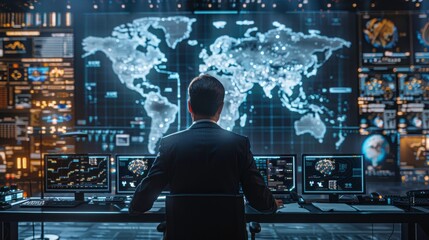 A professional analyzing global data on a futuristic dashboard, showcasing advanced technology and geographic insights.