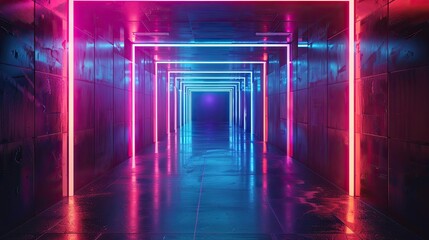Fototapeta premium Neon Lights Illuminate a Reflective Hallway