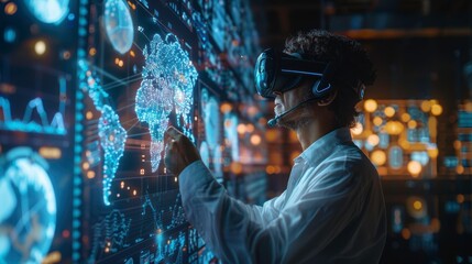 A professional using virtual reality technology to interact with a futuristic digital map, showcasing innovation and exploration.