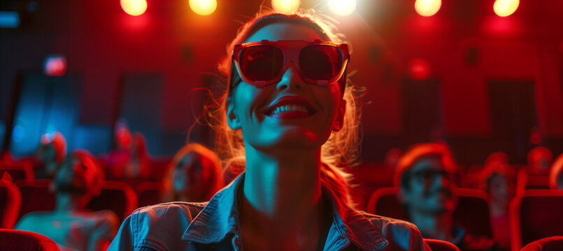 Happy woman watching 3d movie in theater with blurred audience background