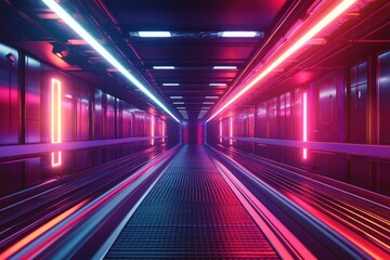 Neon-lit futuristic corridor with moving walkway