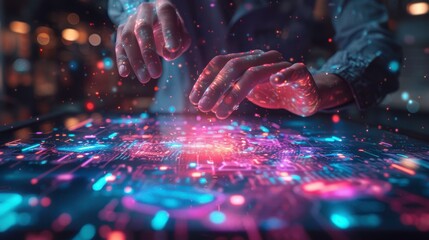 Futuristic digital interaction with glowing data streams, showcasing an innovative technology experience in a modern environment.