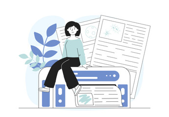 Woman with printer. Young girl sitting on large copy machine. Paperwork with documents. Manager, clerk or employee with photocopier. Linear vector illustration