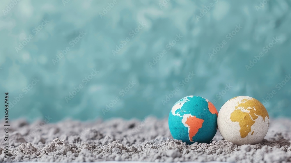 Wall mural two miniature globes resting on a sandy surface with a blurred aqua background, symbolizing global c