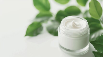 A clear jar of minimalist skincare cream rests among fresh green leaves, showcasing a natural aesthetic