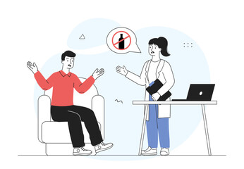 Obraz premium Doctor forbids drinking alcohol. Woman in medical uniform forbids man to drink beer and wine. Treatment of addiction to alcoholic beverage. Linear vector illustration