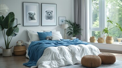 Modern Bedroom Interior Design with Blue and White Accents