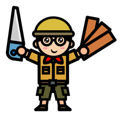 boy holding wooden plank and saw