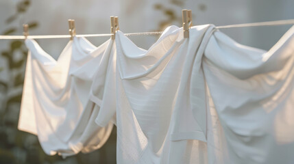Smooth, clean bed linens suspended on a clothesline, highlighted in detailed 8K resolution