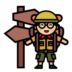 
boy scout with directional sign