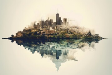 Naklejka premium Urban Skyline Island with Reflective Water